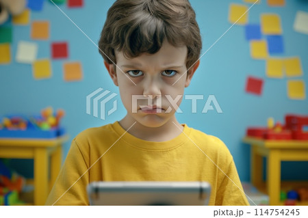 Grumpy boy glaring at camera Grumpy boy glaring at camera 114754245