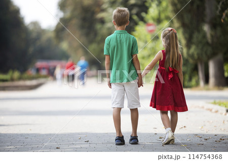 Back view of two cute young blond children, girl and boy, brother and sister walking holding hands on blurred bright sunny park alley green trees bokeh background. Loving siblings relations concept. 114754368