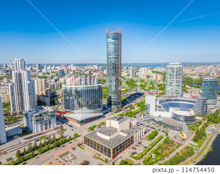 Yekaterinburg city with Buildings of Regional Government and Parliament, Dramatic Theatre, Iset Tower, Yeltsin Center, panoramic view at summer sunset. 114754450