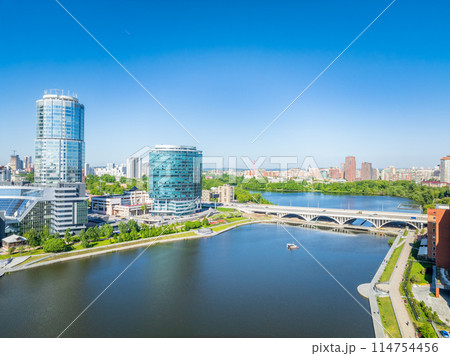 Yekaterinburg city with Buildings of Regional Government and Parliament, Dramatic Theatre, Iset Tower, Yeltsin Center, panoramic view at summer sunset. 114754456