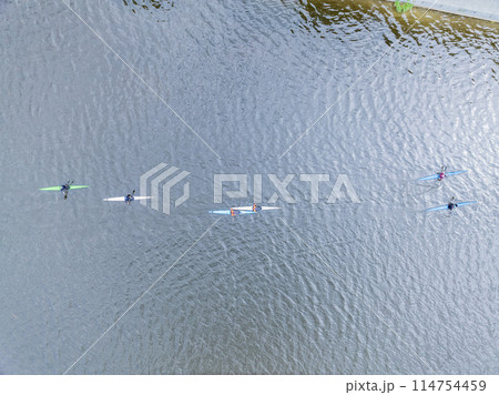 Kayaking top view. Group of kayaks rowing. Aerial view from drone. 114754459
