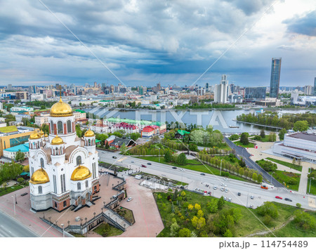 Summer Yekaterinburg and Temple on Blood in beautiful clear sunset.. Aerial view of Yekaterinburg, Russia. Translation of the text on the temple 114754489