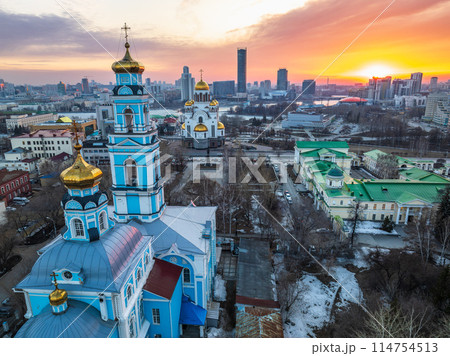 Spring or Autumn Yekaterinburg, Temple of the Ascension and Temple on Blood in beautiful clear sunset. 114754513