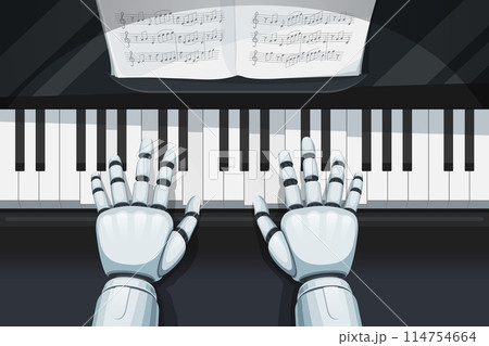Robot piano musician, machine learning. Realistic 3d vector cyborg hands on the piano keys top view. Artificial intelligence music, neural network musical technologies, futuristic robotics composer Robot piano musician, machine learning. Realistic 3d vector cyborg hands on the piano keys top view. Artificial intelligence music, neural network musical technologies, futuristic robotics composer 114754664