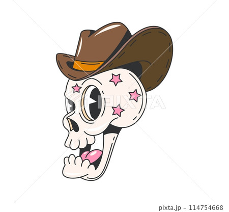 Cartoon retro groovy Wild West cowboy skull character, vector funky face. Groovy funny skeleton skull in cowboy hat with pink stars, 70s hippie comic character of Western Texas or Arizona art symbol 114754668