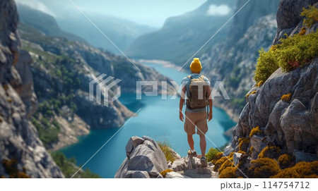 Solo traveler overlooking a mountainous lake Solo traveler overlooking a mountainous lake 114754712