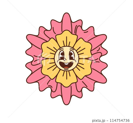 Cartoon retro groovy flower with funky comic happy smile, vector face. Groovy hippie flower with freaky silly funny face in pink or yellow petals, psychedelic cartoon of disco rave and hipster pop art Cartoon retro groovy flower with funky comic happy smile, vector face. Groovy hippie flower with freaky silly funny face in pink or yellow petals, psychedelic cartoon of disco rave and hipster pop art 114754736