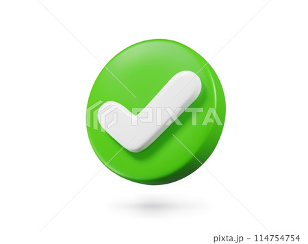 3d check icon, checklist tick, done mark. Vector realistic plastic style checkmark, symbol of selection, confirmation or approval. Green circle with a white tick. Yes button for web design or app 114754754