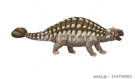 Cartoon saichania dinosaur character. Isolated vector herbivorous ankylosaurid dino from late cretaceous period. Ancient reptile with heavily armored body with bony plates and tail club for defense 114754803