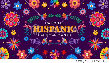 Tropical flowers background for national Hispanic heritage month, vector banner with floral pattern ornament. Latin Americans Hispanic heritage month holiday or festival of tradition and ethnic art 114754818