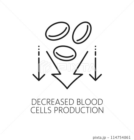 Blood cells production decrease line icon of anemia symptom, physical disease or hematology medicine. Vector red blood cells with downward arrows isolated outline sign. Anaemia disease symptom symbol 114754861