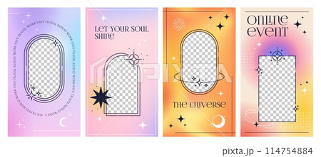 y2k gradient social media template. Modern aesthetic posters with vector line frames and abstract shapes on pastel gradient background. Minimal outline sun, moon, stars or sparkles social media covers 114754884