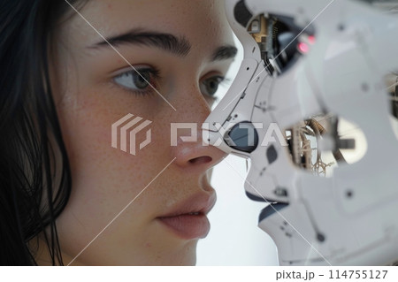 A woman stands by a robot on a street in the city A woman stands by a robot on a street in the city 114755127