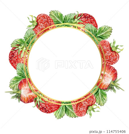 Strawberry. Wreath. Round gold frame. Berries, leaves, flowers. Watercolor illustration on white background. Juice, jam labels, packaging, cosmetics. Strawberry. Wreath. Round gold frame. Berries, leaves, flowers. Watercolor illustration on white background. Juice, jam labels, packaging, cosmetics. 114755406