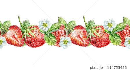 Strawberry. Berries, leaves, flowers. Seamless border. Watercolor illustration isolated on white background. Juice, jam labels, packaging, cosmetics. 114755426