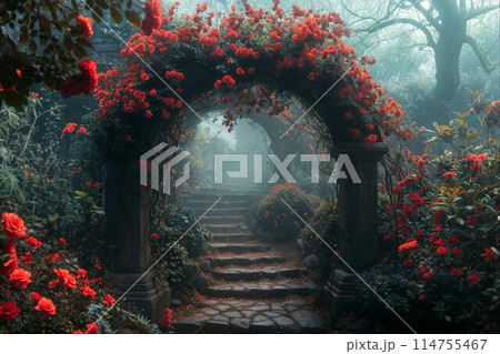 Mystical red rose arch over ancient stone steps Mystical red rose arch over ancient stone steps 114755467