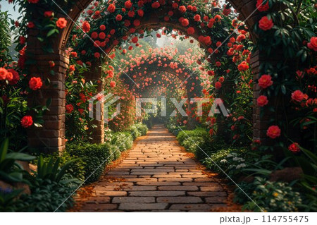 Vibrant floral archway in blooming garden Vibrant floral archway in blooming garden 114755475