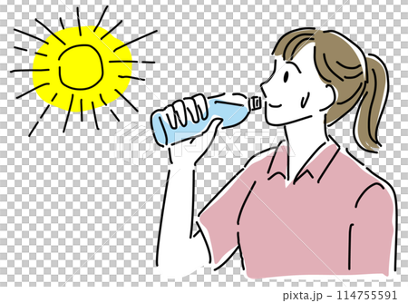 熱中症対策で水分補給をする女性シンプル線画 114755591