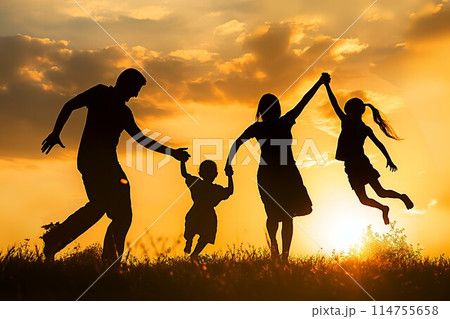 Family playfully jumping against sunset view Family playfully jumping against sunset view 114755658