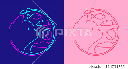 Pet shop logo Cat, food, fish, rat and  ball in circle frame shape by cat teaser wand icon editable stroke dash line doodle design minimal illustration isolated 2 tones dark blue and pink background 114755785