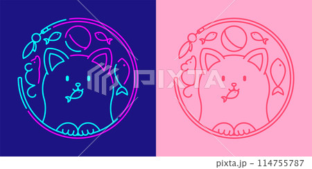 Pet shop logo cat eat fish, food, rat and ball in circle frame shape by cat teaser wand icon editable stroke dash line doodle design minimal illustration isolated on dark blue and pink background Pet shop logo cat eat fish, food, rat and ball in circle frame shape by cat teaser wand icon editable stroke dash line doodle design minimal illustration isolated on dark blue and pink background 114755787