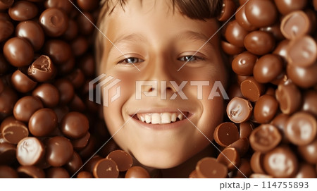 Boy smiles amidst chocolate candies, radiantly lit. 114755893