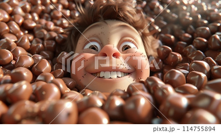 Boy with glowing smile surrounded by chocolates, captured in a realistic photo. 114755894