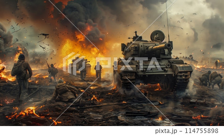 Ultra-HD capture of warriors in vibrant, photorealistic battle. 114755898