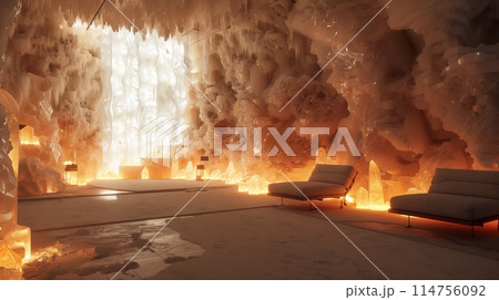 Illuminate wall-mounted salt crystals with warm artificial light for 3D integrity. 114756092