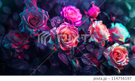 Neon-colored roses create a vivid, captivating background. 114756197