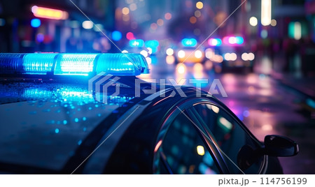 Close-up of blue flashing police car lights with focused professional quality, free from blur. 114756199