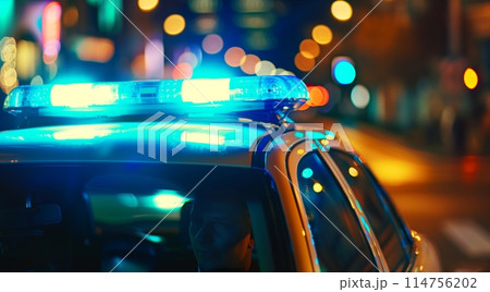 Blue police light close-up, blurring like Van Gogh's art in the background. 114756202