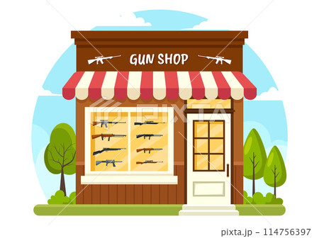 Gun Shop or Hunting Vector Illustration featuring a Rifle, Bullet, Weapon, and Hunting Equipment in a Flat Style Cartoon Background Design 114756397