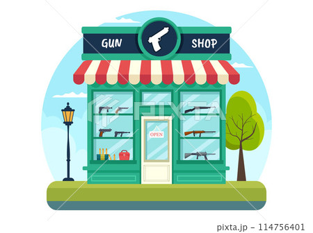 Gun Shop or Hunting Vector Illustration featuring a Rifle, Bullet, Weapon, and Hunting Equipment in a Flat Style Cartoon Background Design 114756401