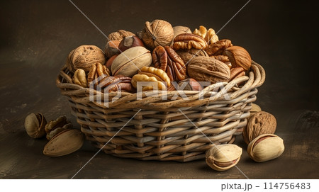 Mixed nuts in a basket - adjust view for a better look. 114756483