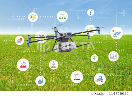 Agriculture technology concept with drone fly above with graphic display Agriculture technology concept with drone fly above with graphic display 114756632