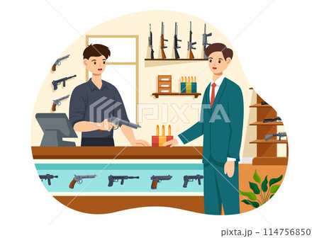 Gun Shop or Hunting Vector Illustration featuring a Rifle, Bullet, Weapon, and Hunting Equipment in a Flat Style Cartoon Background Design 114756850