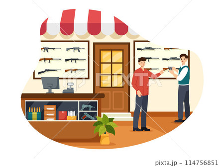 Gun Shop or Hunting Vector Illustration featuring a Rifle, Bullet, Weapon, and Hunting Equipment in a Flat Style Cartoon Background Design 114756851