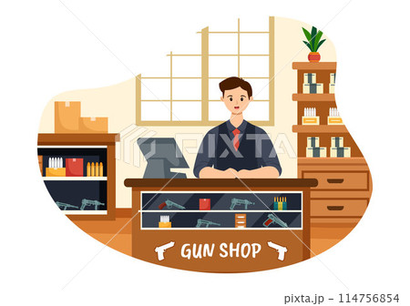 Gun Shop or Hunting Vector Illustration featuring a Rifle, Bullet, Weapon, and Hunting Equipment in a Flat Style Cartoon Background Design 114756854