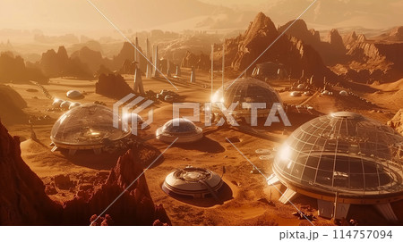 A futuristic cityscape built on the surface of Mars, with dome structures and rovers 114757094