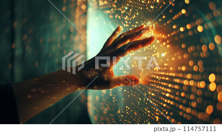 A human hand reaching out to touch a glowing...のイラスト素材 [114757111] - PIXTA