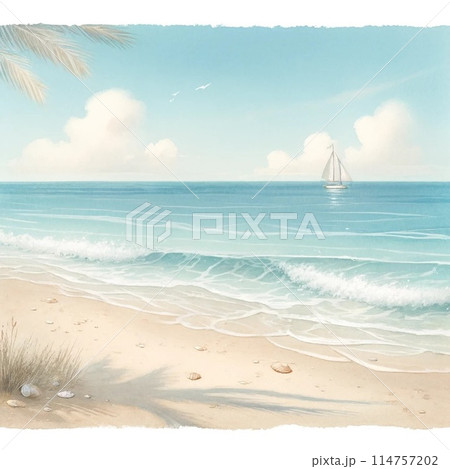 海と砂浜　水彩画風 114757202