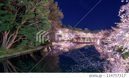桜満開夜の絶景　弘前城西濠の花筏と水鏡　青森県 114757317