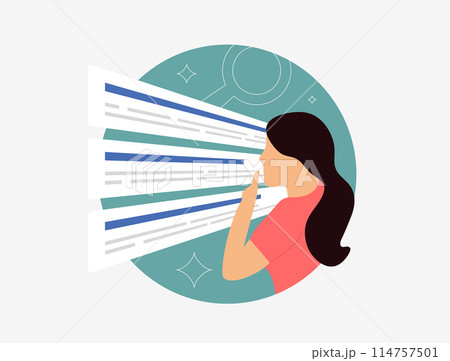 SEO results page - search engine ranking. A young girl looks at search results and chooses which website to click on. Vector illustration with icons on white background 114757501