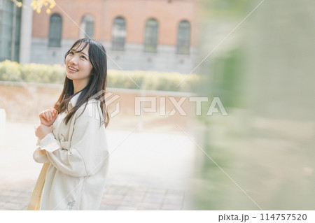 休日に都会を街歩きする若い女性 休日に都会を街歩きする若い女性 114757520