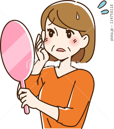 鏡を見てほうれい線に悩む女性 114758118