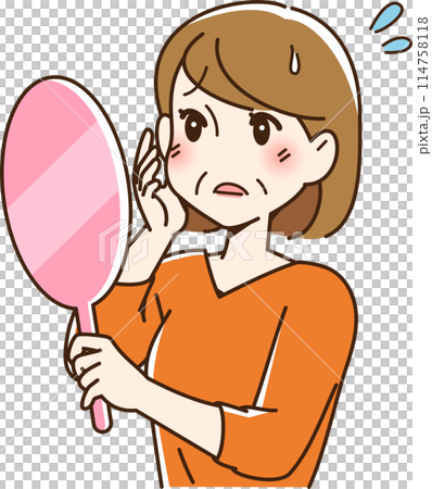鏡を見てほうれい線に悩む女性 114758118