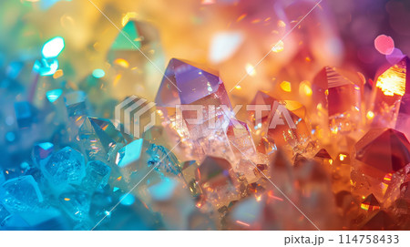 A close-up of colorful crystals reflecting light and creating a rainbow effect 114758433