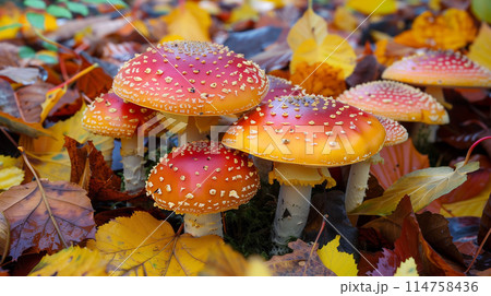 A close-up of colorful mushrooms growing amongst fallen leaves on a forest floor 114758436