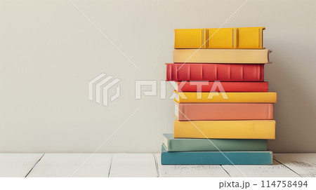 A stack of colorful books with clean lines and minimal text, showcasing reading 114758494